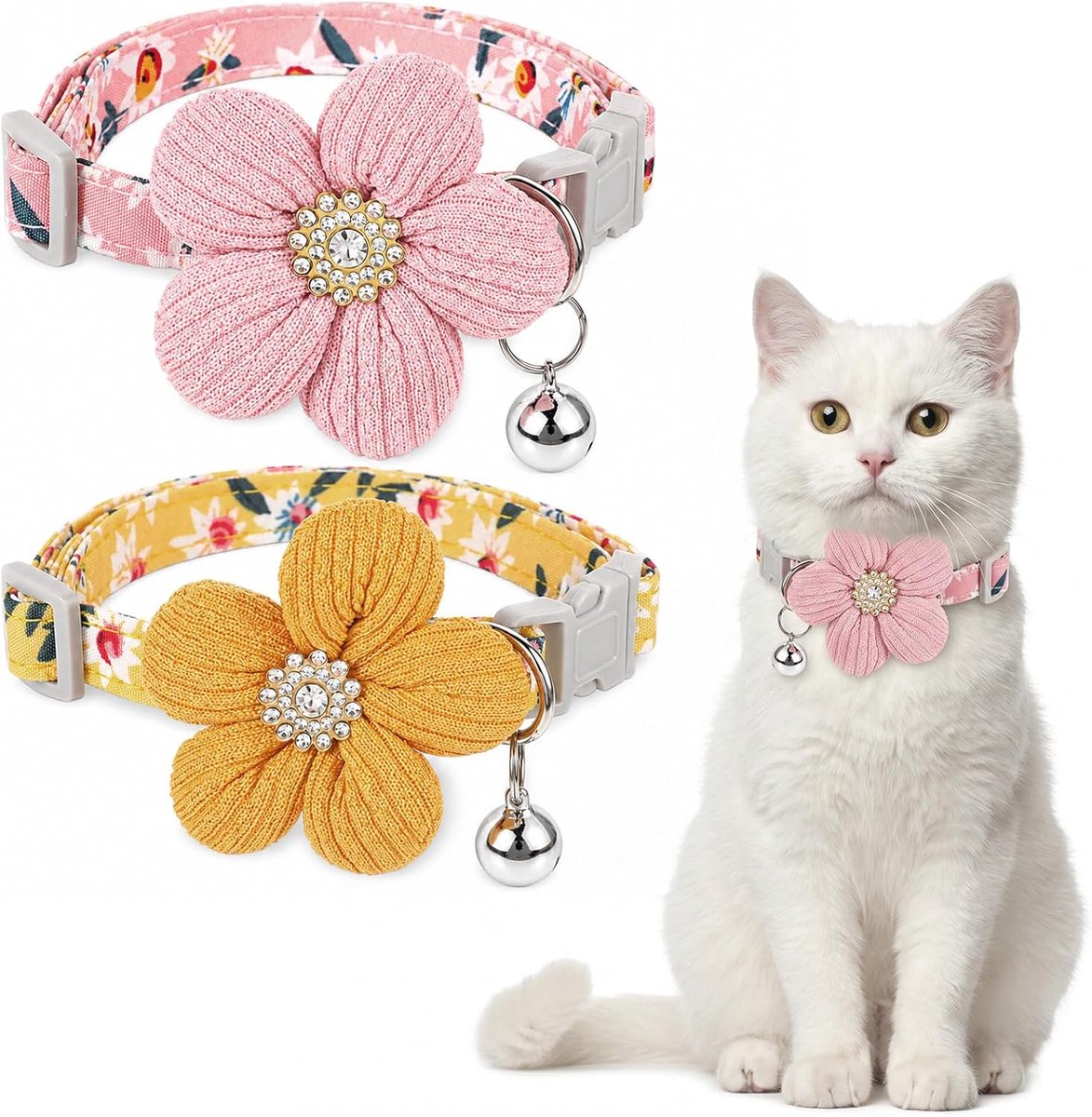 Set van 2 kattenhalsbanden met belletjes, afneembare kittenhalsbanden met bloemversiering, zachte en verstelbare kattenhalsbanden, bloemenhalsbanden voor huisdieren met veiligheidssluitingen (roze, geel).