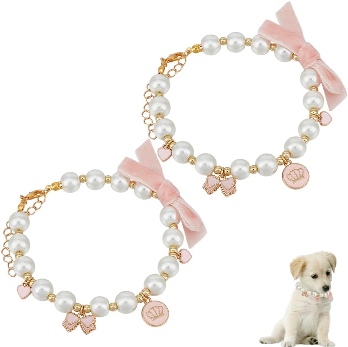 2-delige set huisdierhalsbanden: een halsband met parelkroon voor katten, een halsband met teddybeer en een parelhartje als ornament. De verstelbare halsband is versierd met een strik van lint. Geschikt voor kleine honden en katten.