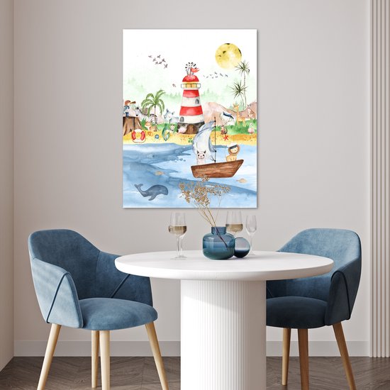 Poster kinderen - Wanddecoratie jongens - Strand - Dieren - Kinderen - Vuurtoren - Poster kinderkamer - 60x80 cm - Decoratie kinderkamers - Kinderkamer decoratie - Poster Babykamer — afbeelding 2