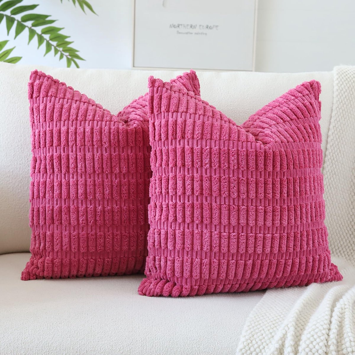 Set van 2 corduroy zachte kussenhoezen, moderne kussenslopen, decoratieve bankkussens, sierkussenhoes voor woonkamer, bank, slaapkamer, rozerood 40 x 40 cm