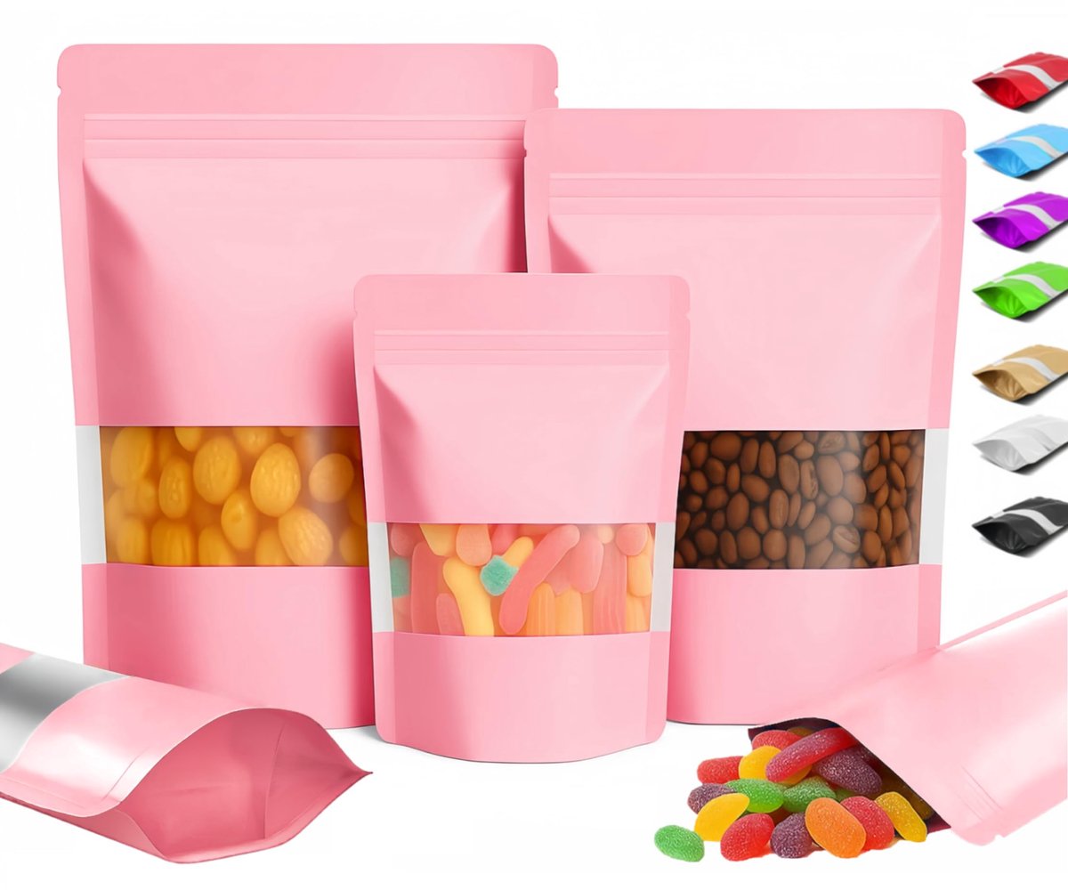 100 Stuks Staande Hersluitbare Zakjes met Venster, Aluminium Mylar Doypack, Gekleurde Herbruikbare Stazakken, Plastic Ziplock Zakjes Voor Voedselverpakking en Opslag (Roze, 16 x 24 cm)