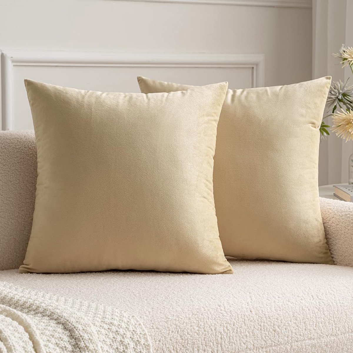 Set van 2 Kussenhoezen van Fluweel, Decoratief, Bank, Kussensloop, Superglad, Zacht, Woondecoratie, Woonkamer, Slaapkamer, Bank, 2 Stuks, 50 x 50 cm, Donkerbeige