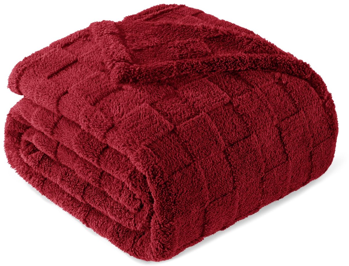 Mezcla kingsize flanellen fleece deken, super zachte en warme lichtgewicht geruite patroon dekens voor alle seizoenen, 229 x 264 cm, donkerrood