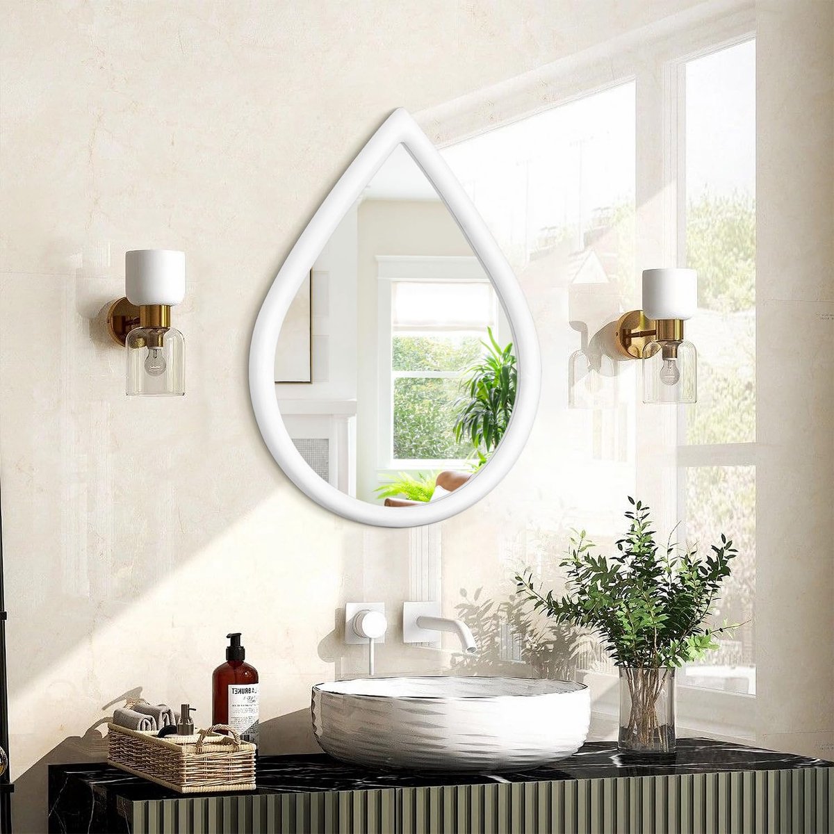 Spiegel voor badkamer, rustiek, waterdruppelvorm, met houten frame, unieke decoratieve spiegel voor slaapkamer, entree, woonkamer