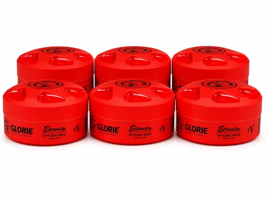 Six pots rouges de Glorie Eternity Styling Wax avec 'Brutal Hold' dessus, disposés en deux rangées de trois.