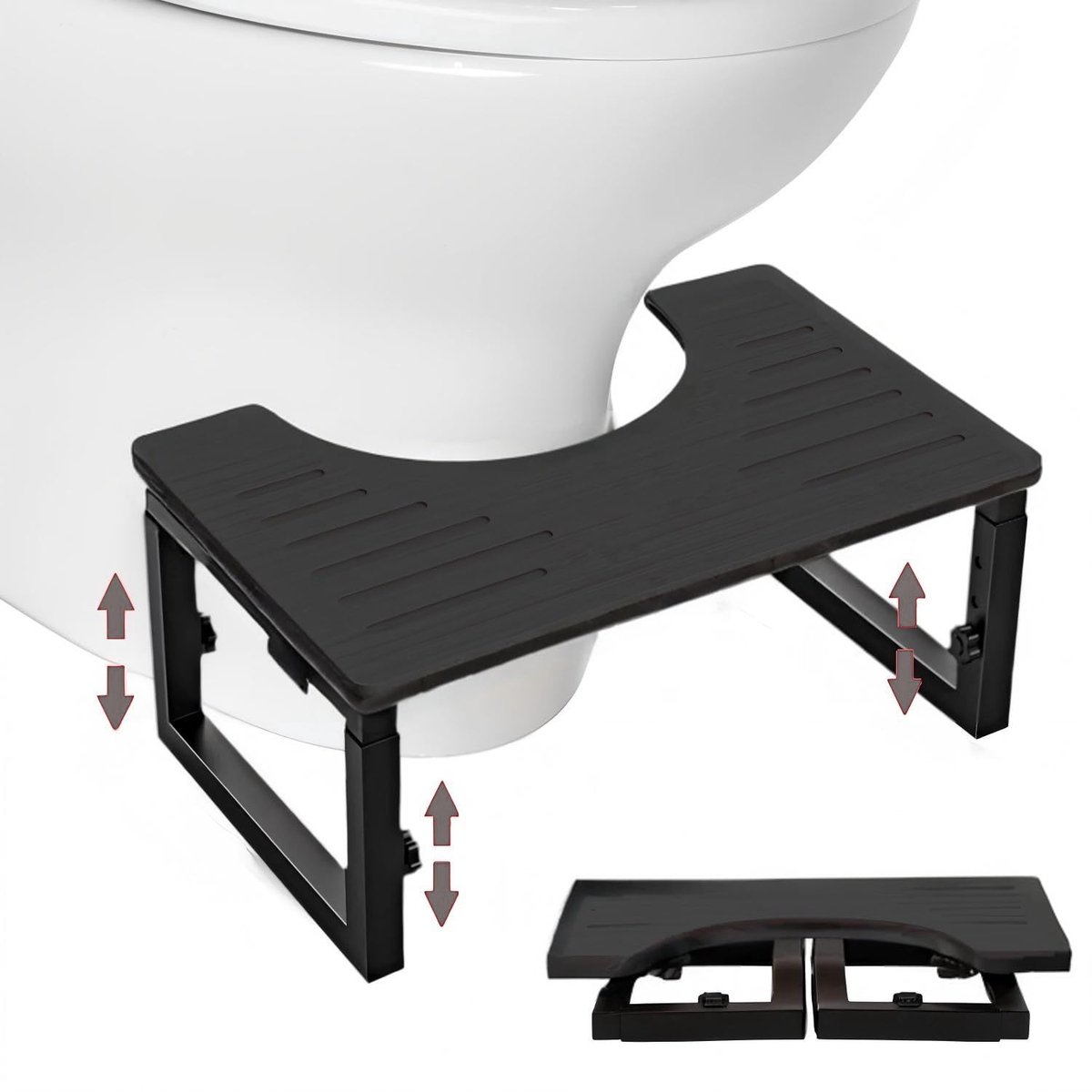 toiletkruk voor volwassenen, in hoogte verstelbare toiletkruk, gemaakt van metaal en hout, inklapbaar, antislip toiletstoel, poef voor kinderen (zwart)