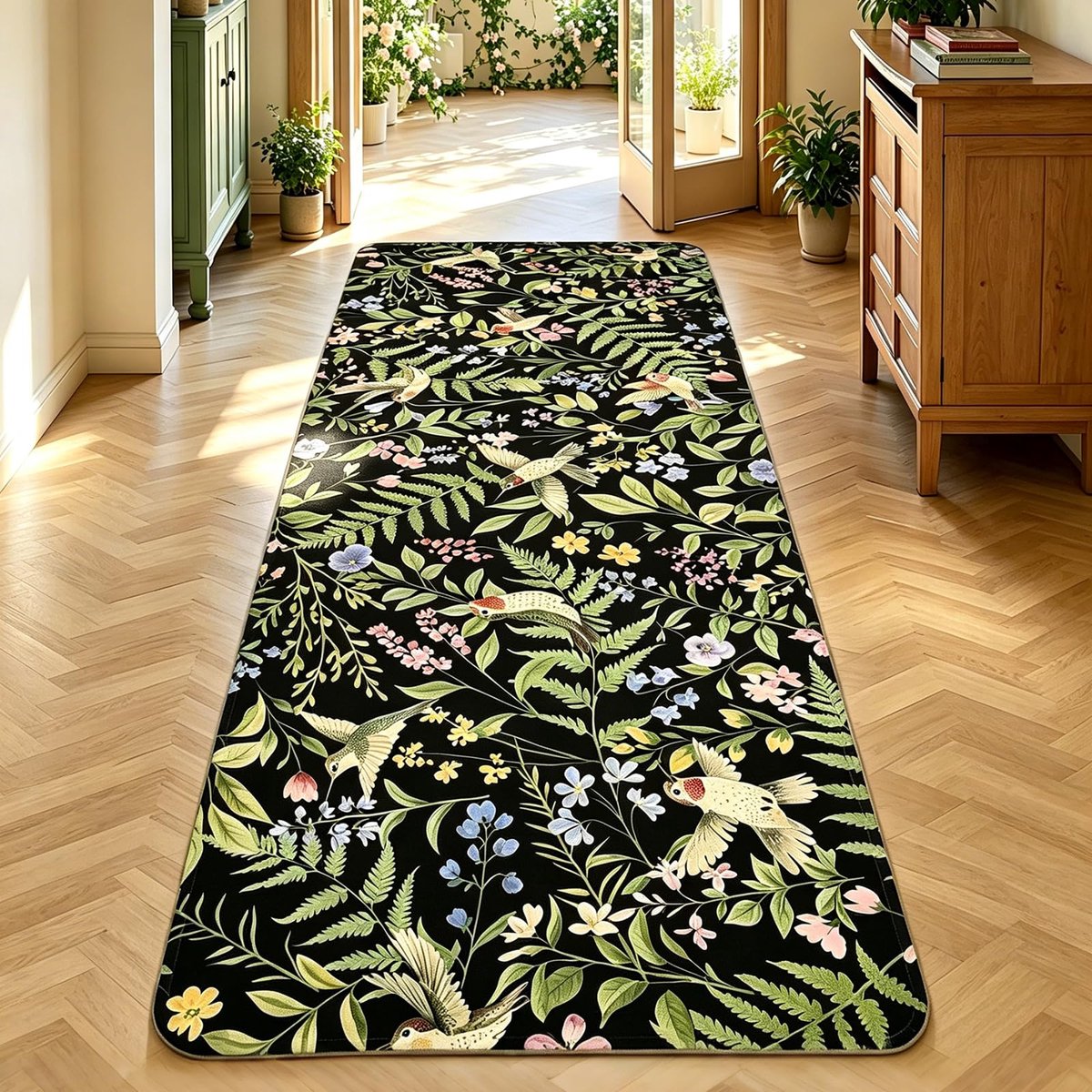 Keukentapijten, 60 x 150 cm, vintage kolibrie en bloemenpatroon, keukenmat, wasbaar, antislip, loper, tapijt voor keuken, hal, woonkamer, slaapkamer, zwart