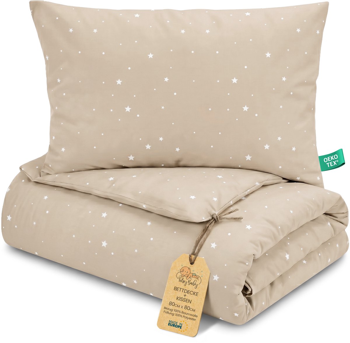 Kinder dekbed zonder hoes 80x80 cm - Katoenen baby deken en kussen set kinderdeken 80 x 80 en kussen 40 x 35 - Dekbedden kinderdekbed voor babybed Oeko-Tex Beige met witte sterren