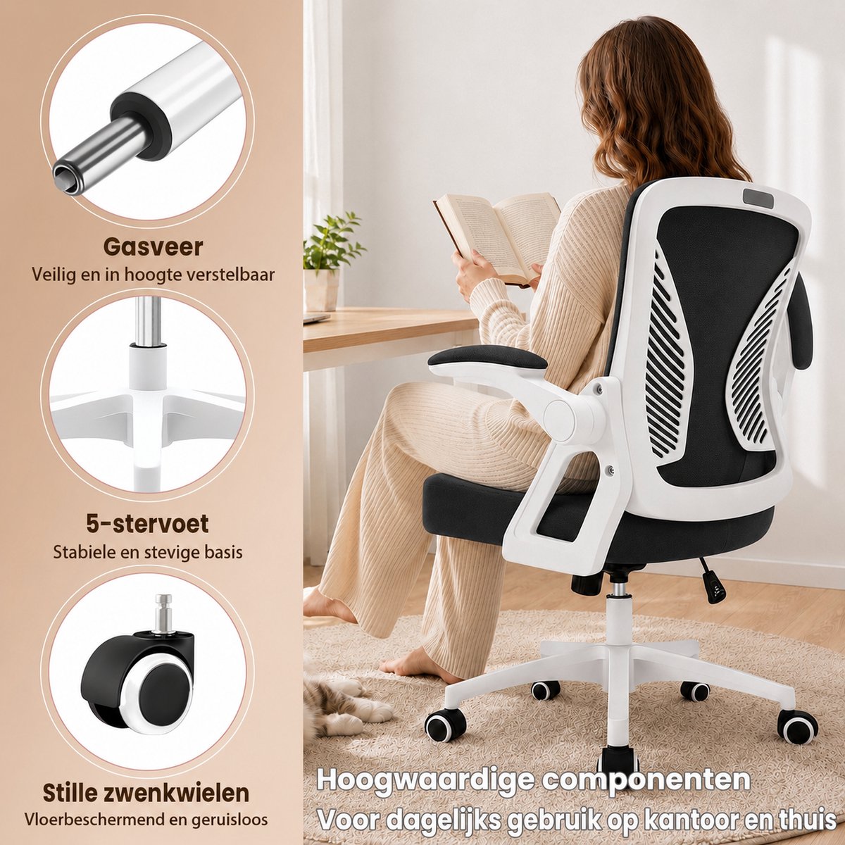 Milacyee Bureaustoel - Ergonomische Bureaustoel – Verstelbare Gaming/Computerstoel met Mesh Rug & Lendensteun – 90° Opklapbare Armleuningen – Directiestoel met Stille Wieltjes – Tot 130 kg Belasting - Wit - Geschikt voor thuiswerk en kantoor – foto 2