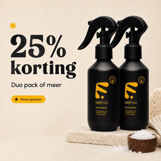 Twee zwarte spuitflessen SaltyFred Sea Salt Spray, 25% korting, Duo pack of meer, Meest gekozen.