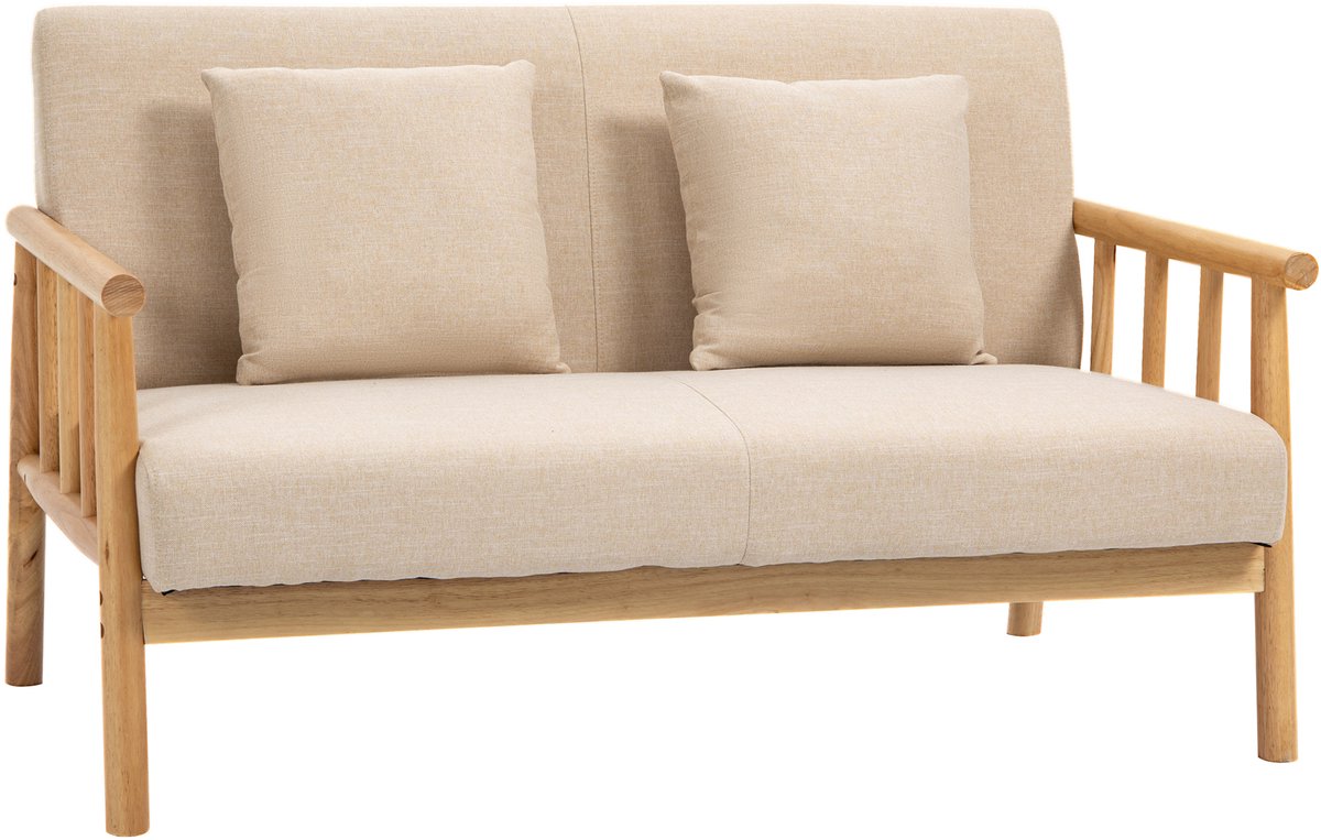 MIVRAY Zitbank 123 Cm - 2-Zits Met 2 Sierkussens En Linnenlook - Voor Woonkamer En Slaapkamer - Hout En Polyester - Beige