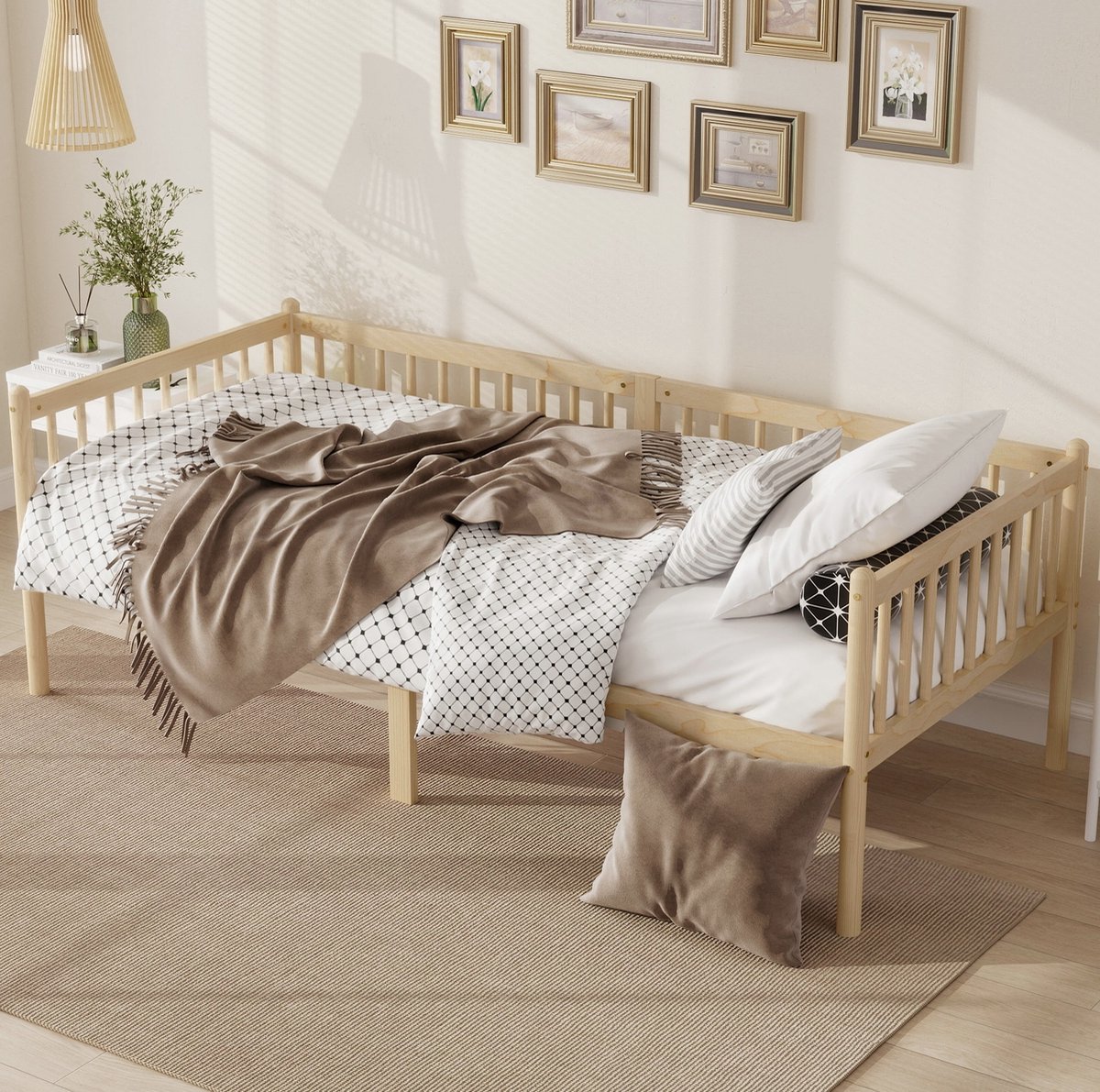 MIVRAY Bedbank 90x200 cm - Zonder Matras met 3 Zijdige Uitvalbeveiliging en 14 Latten - Grenen Hout - Naturel