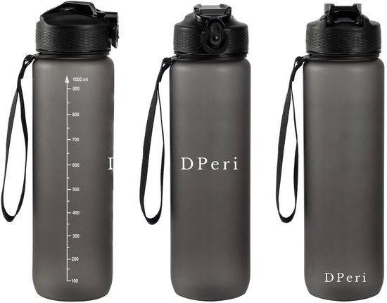 Dperi Waterfles 1 liter - Drinkfles met rietje - Waterfles - Zwart - Drinkfles Volwassenen - Lek Vrij - Cadeau voor haar/hem - Verschillende Drinkflessen en waterflessen - Drinkbeker - Sportfles - Drinkbus