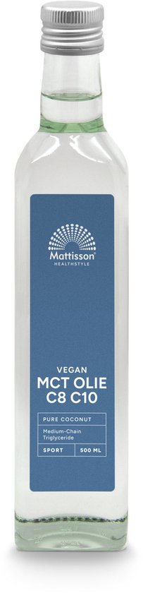 Glazen fles met blauw label: Mattisson Vegan MCT Olie C8 C10, Pure Coconut, 500 ml.