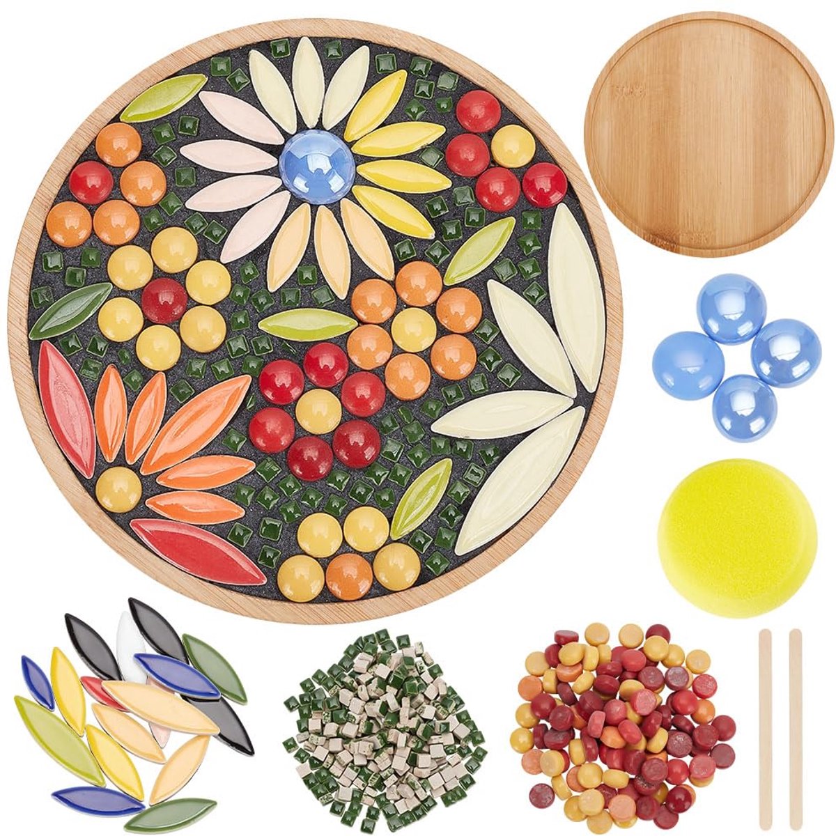 DIY mozaïek ambachtelijke kit bloem mozaïek bamboe onderzetters kits voor volwassenen beginners, gemengde kleuren glas mozaïek tegels met ronde onderzetter basis voor handgemaakte mozaïek