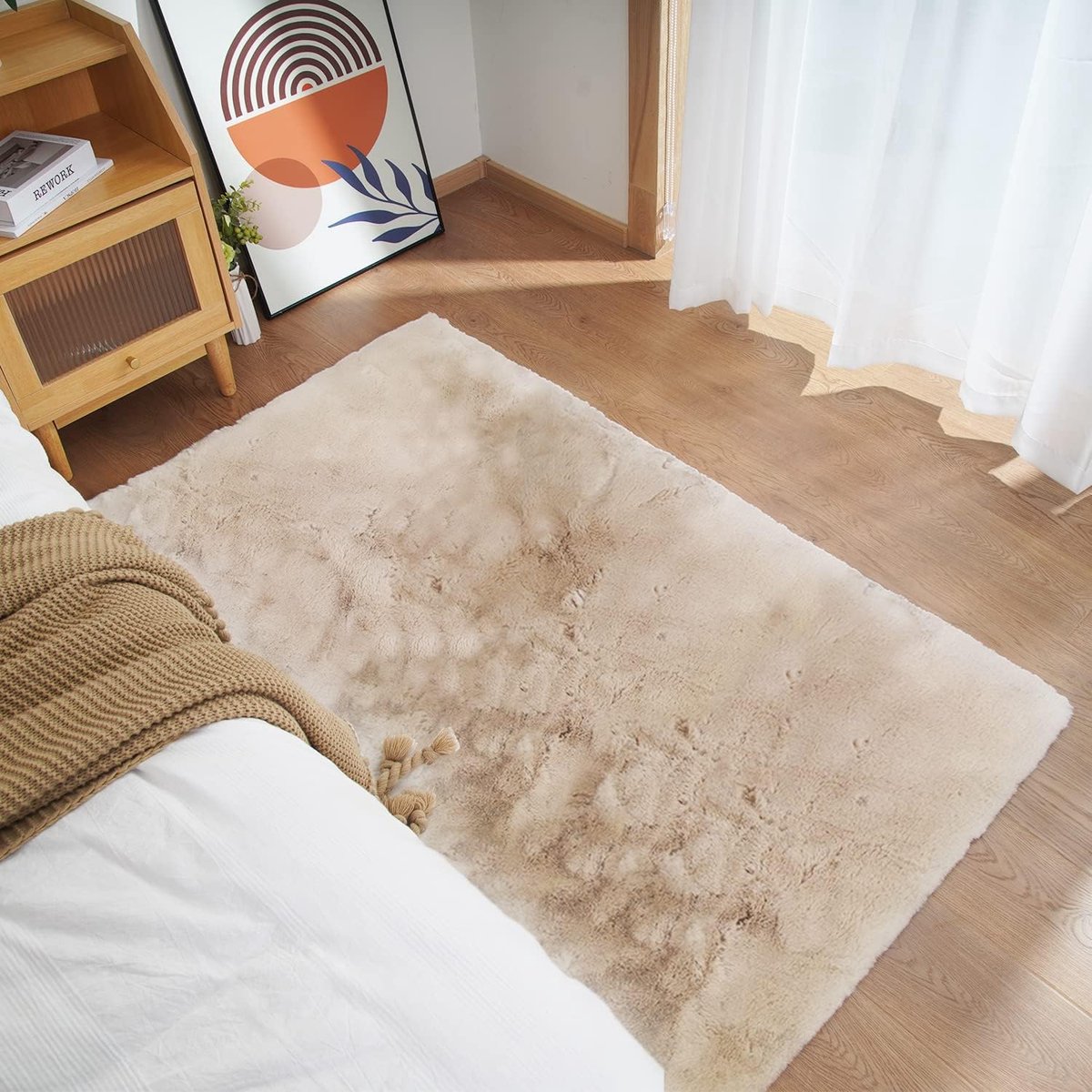 Vloerkleden Shaggy Antislip Wasbaar Tapijt Modern Design Voor Woonkamer Bedkant Slaapkamer Keuken en Kinderkamer Beige 90X150