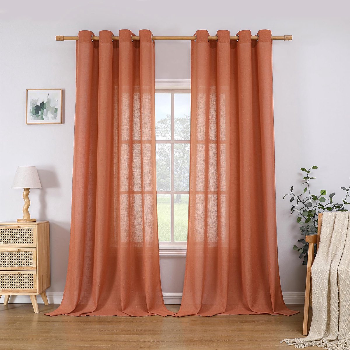 Echt linnen gordijn met oogjes, set van 2, H 175 x B 140 cm, terracotta, half-transparante gordijnen, lusgordijn, linnenlook voile gordijnen, woonkamer slaapkamer