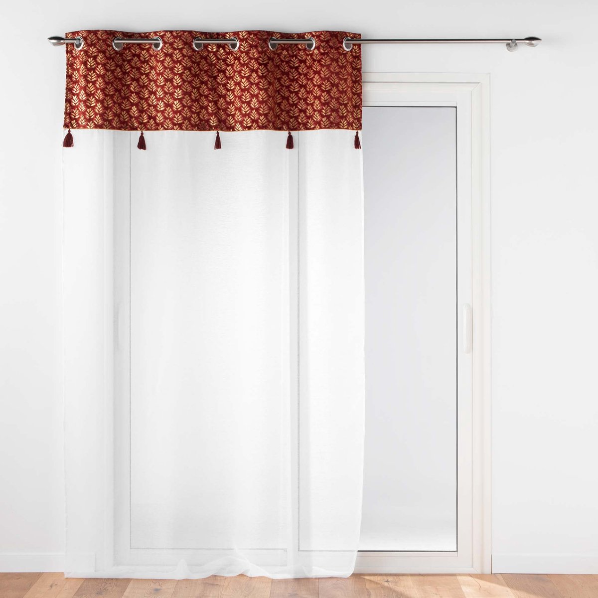 Gordijn met ogen, 140 x 240 cm, bordeaux, gezandstraald, met top velours en pompon