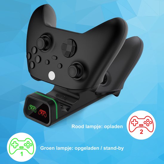 Zwart laadstation voor controller met groene en rode indicatoren, laadt 2 controllers op.