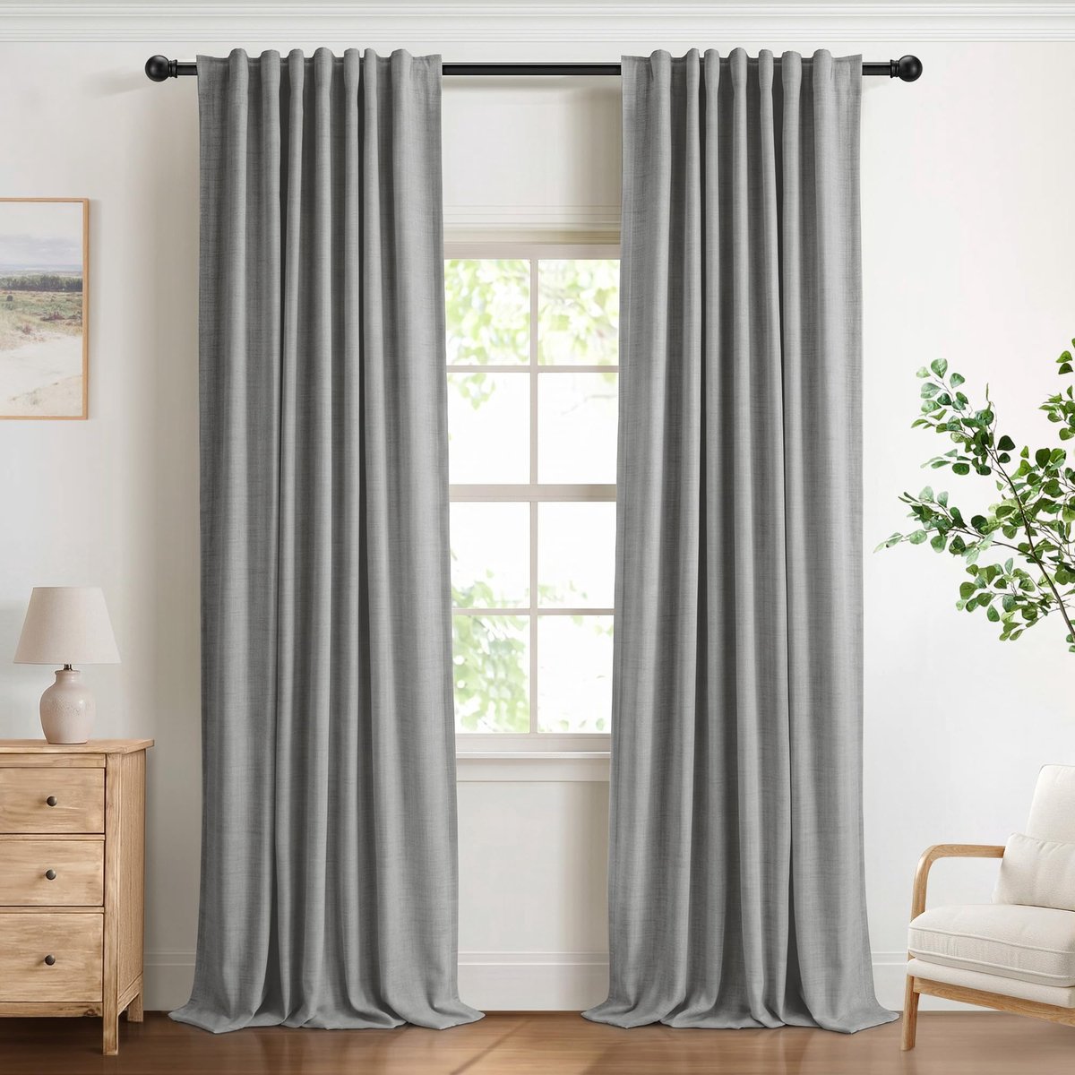 100% ondoorzichtige gordijnen met oogjes, linnen textuur, discreet, set van 2, H 260 x B 140 cm, inkijkbescherming, gordijnen met lussen, voor slaapkamer of woonkamer, grijs