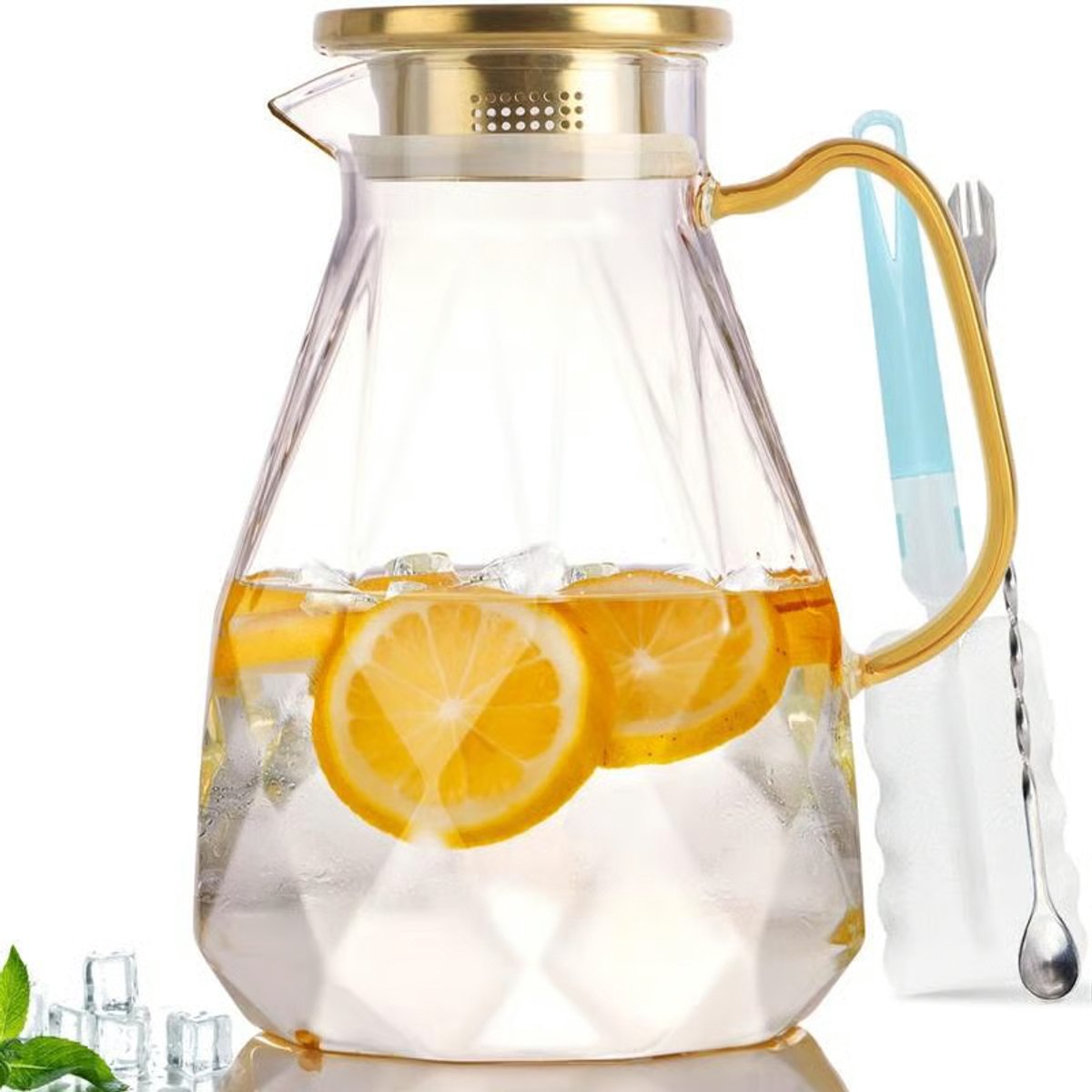 Home & Marker – Glazen Waterkaraf met Diamantpatroon – 2,2L – Hittebestendige Glazen Kan van Borosilicaatglas – Deksel met Filter – Voor Water, Thee, Sap & Limonade – DIAPOUR