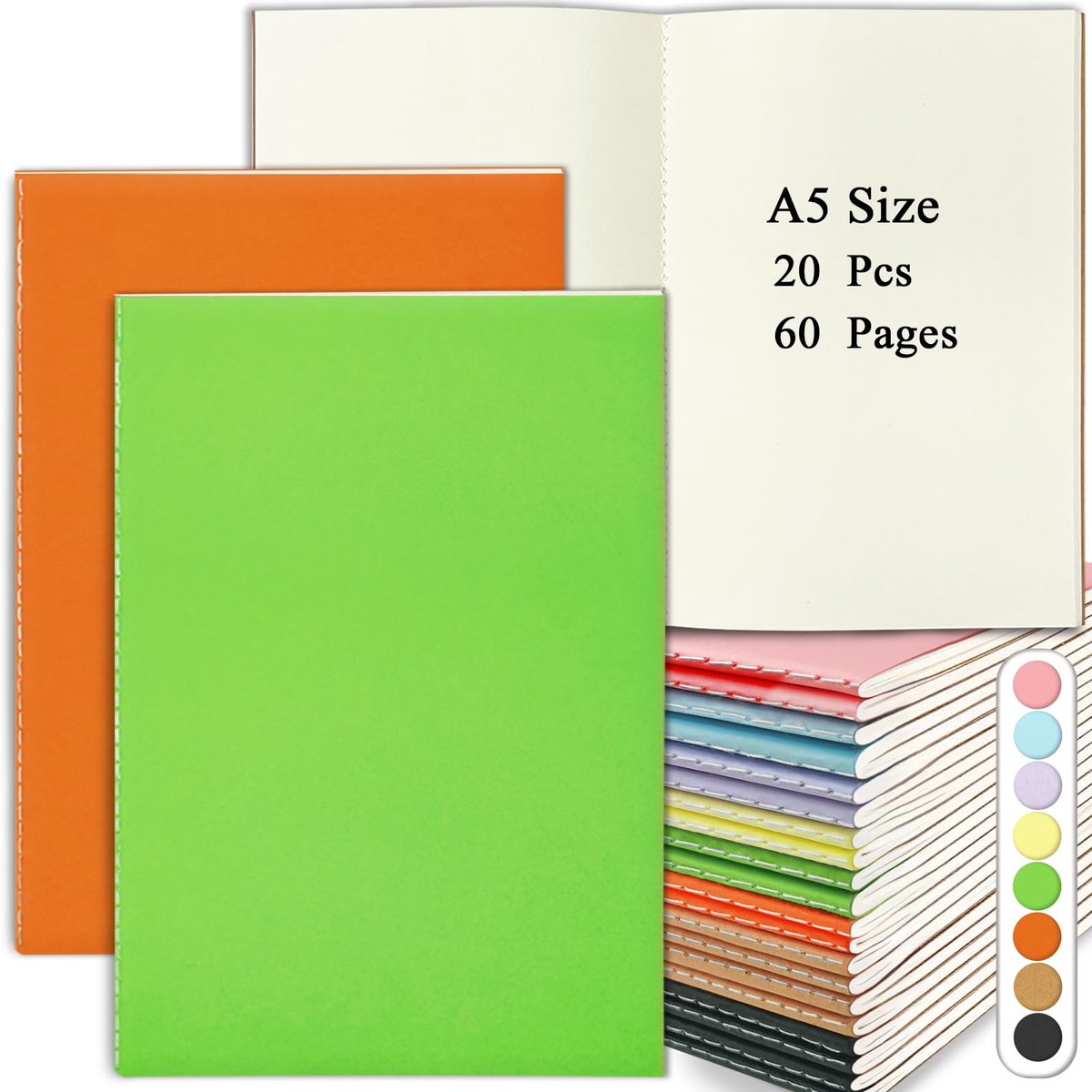 20-Delige Set Blanco Notitieboekjes A5, 21x14cm 60 Blanco Pagina's 8 Verschillende Kleuren Notitieboekjes met Zachte Kaft in Bulk Voor Kinderen Studenten Reizigers thuis en op Kantoor