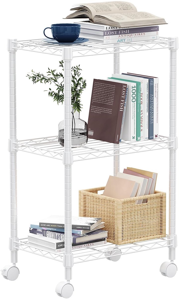 Opbergrek, 3-Laags Metalen Rek op Wielen voor Keuken, Badkamer, Wasruimte en Pantry, Verstelbare Draadplanken, 30×45×75,7 cm, Draagvermogen tot 340,5 kg, wit