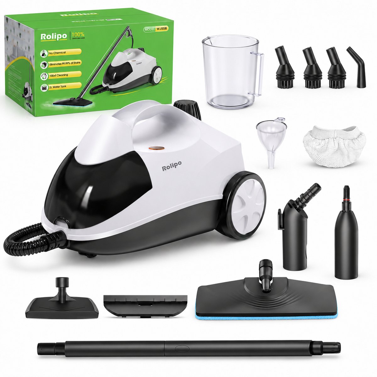 Stoomreiniger 2000W - Steam Cleaner 4 Bar - 2L Watertank - 40 Min Gebruik - mondstukken & ronde borstel-Vloerreiniger met Sproeiers, Ronde Borstel en Raamwisser