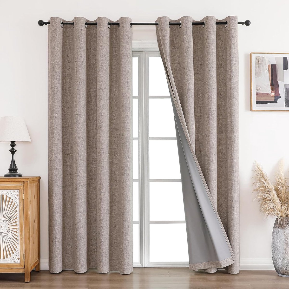 100% verduisteringsgordijn, 2 stuks, L 140 x H 245 cm, thermisch gordijn, linnen, isolerend, tegen kou en hitte, ondoorzichtig, met ogen, isolatie, licht, uv-bescherming, linnen