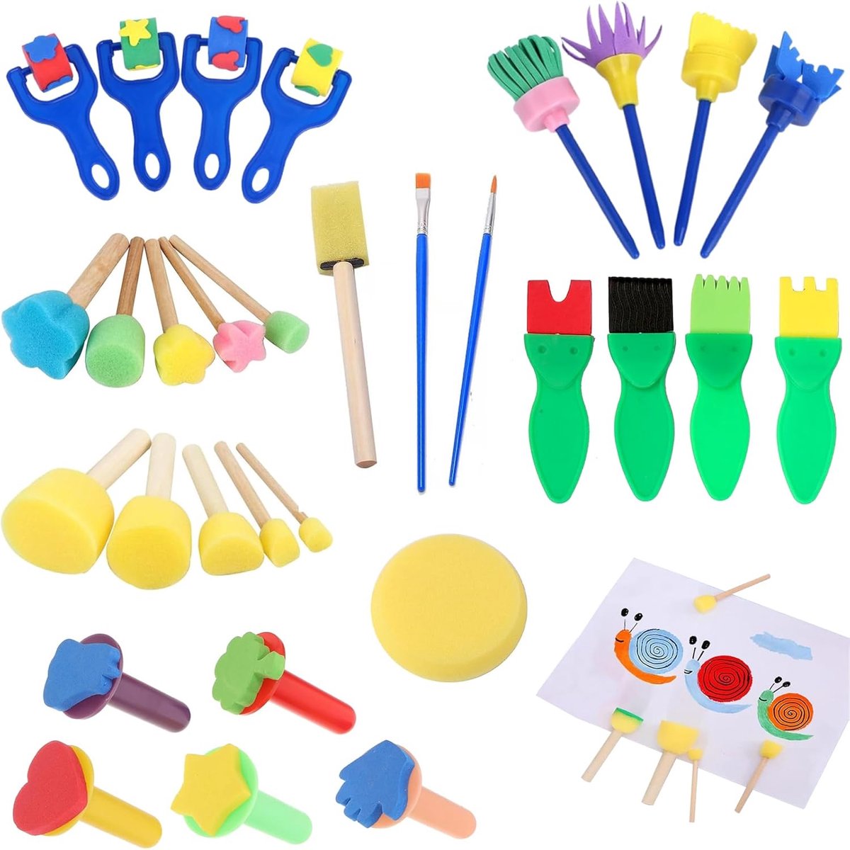 Spons Kwasten Set 31-delige Set Kunstbenodigdheden voor Schilderen, Verschillende Formaten en Stijlen, Ideaal voor Kinderen en Volwassenen, Kleur- en Vormvariëteiten