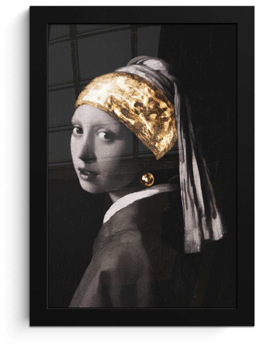 Fotolijst inclusief poster - Posterlijst meisje met de parel - Fotokader goud - Picture frame kunst - Foto in lijst Vermeer - Zwarte lijst 20x30 cm - Muurdecoratie slaapkamer accessoires - - Poster -