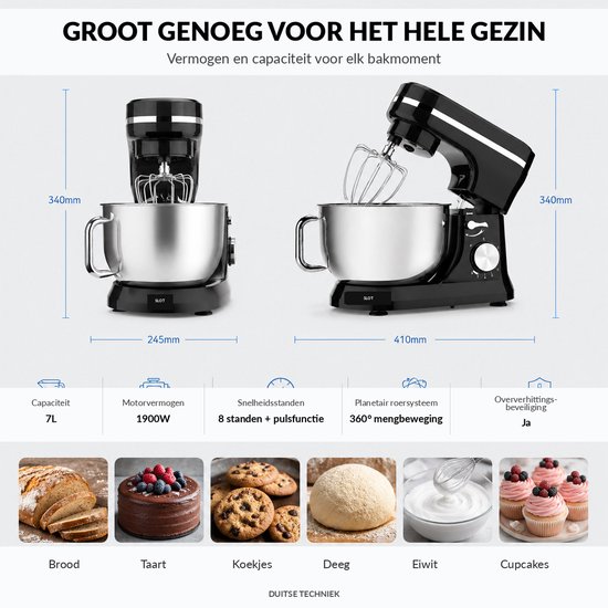 Keukenmachine 1900W - 7L RVS Mengkom - Zwart - 8 Snelheden met Pulsfunctie - Kneedmachine met Deeghaak Menghaak Garde en Spatdeksel van GARMEE — afbeelding 5
