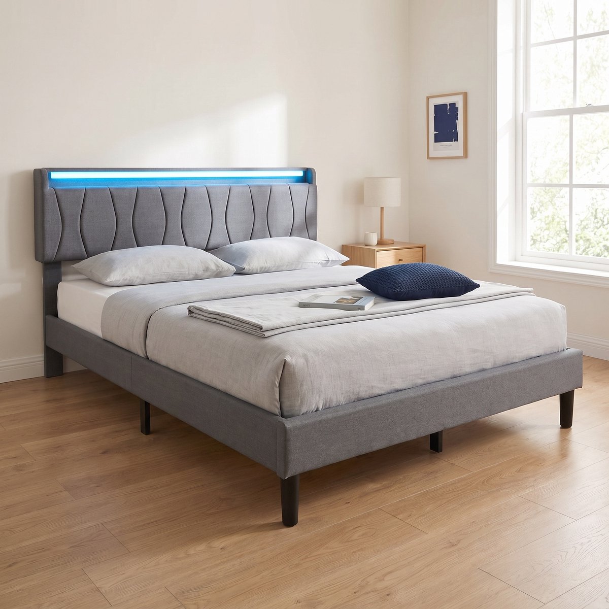 Gestoffeerd bed 140x200 cm - Tweepersoonsbed met RGB LED en USB/Type-C - Hoofdbord met opbergruimte - Linnen - Modern - Grijs