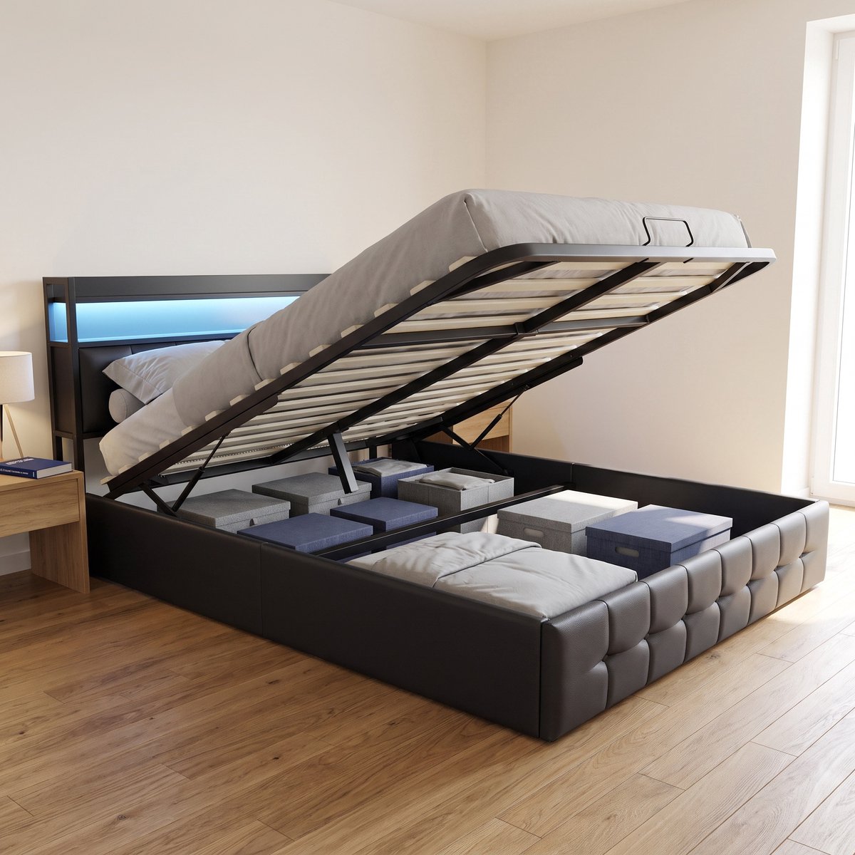 Mofor Gestoffeerd Tweepersoonsbed - Opbergbed 140x200 cm met lattenbodem - met LED en USB - Kunstleer - Modern - Zwart