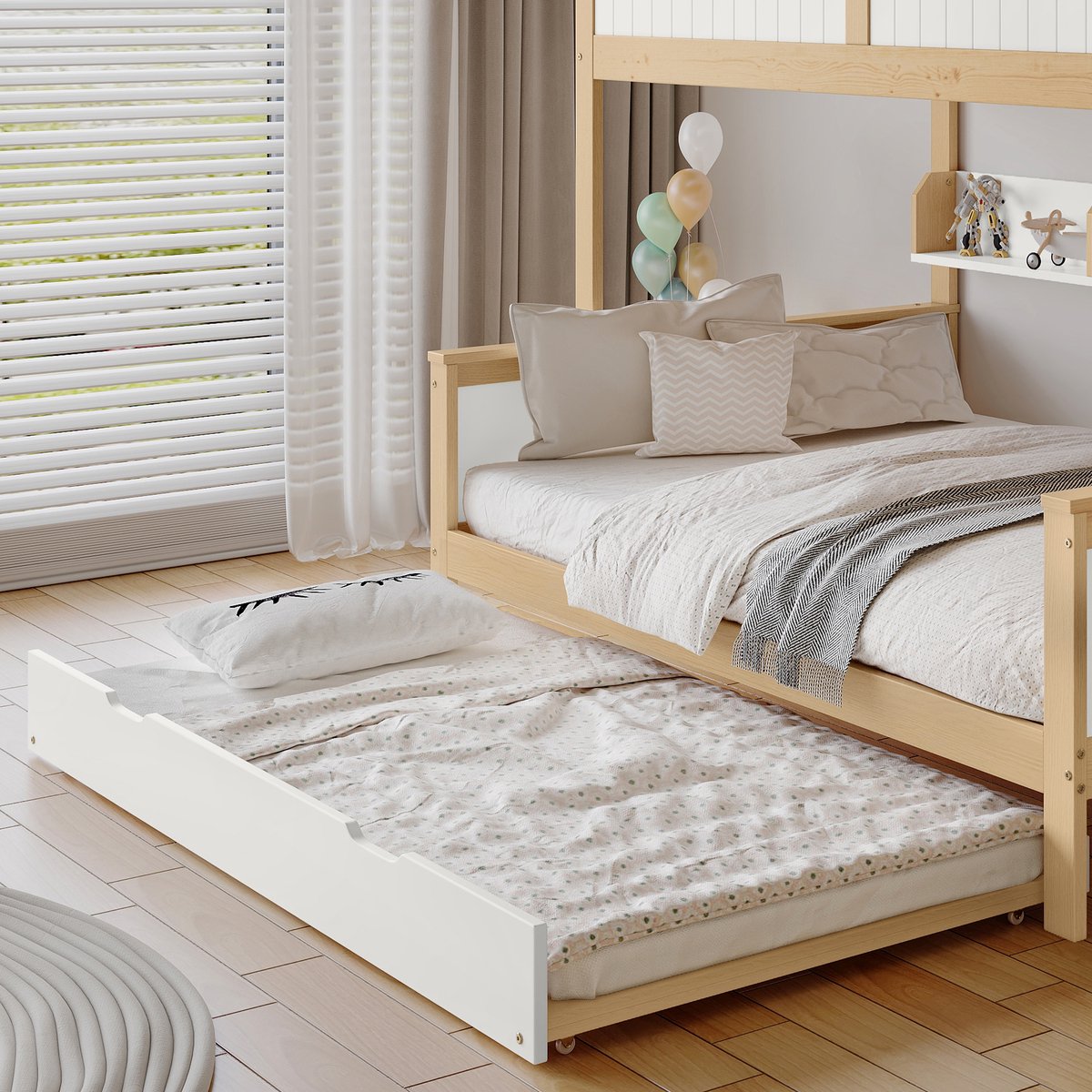 DESMIU Stapelbed 90x200 en 120x200 cm – Met Uitschuifbed en Opbergtrap – Kast en Open Vakken – Voor Kinderkamer – Hout en MDF – Wit en Naturel – Zonder Matras
