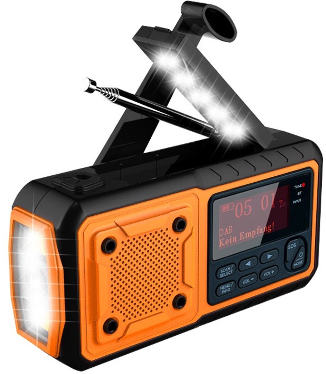 Noodradio DAB+/FM - Solar & Opwindbaar - 5000mAh Powerbank - Bluetooth - Zaklamp
