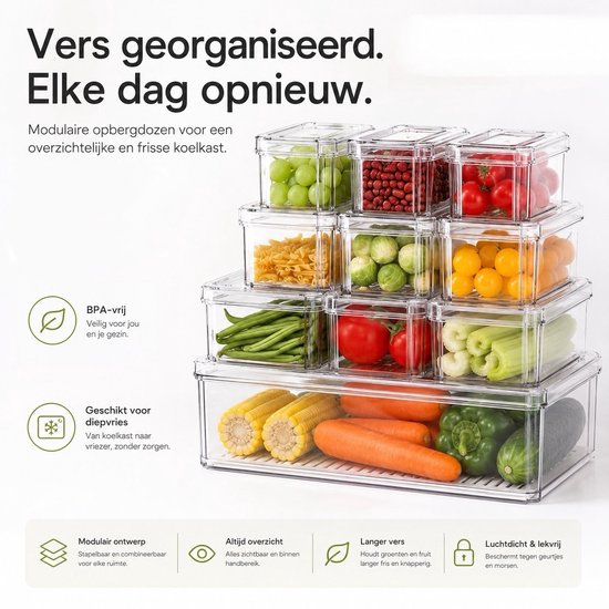Stapelbare transparante keuken organizers met diverse groenten en fruit, waaronder druiven, tomaten en paprika.
