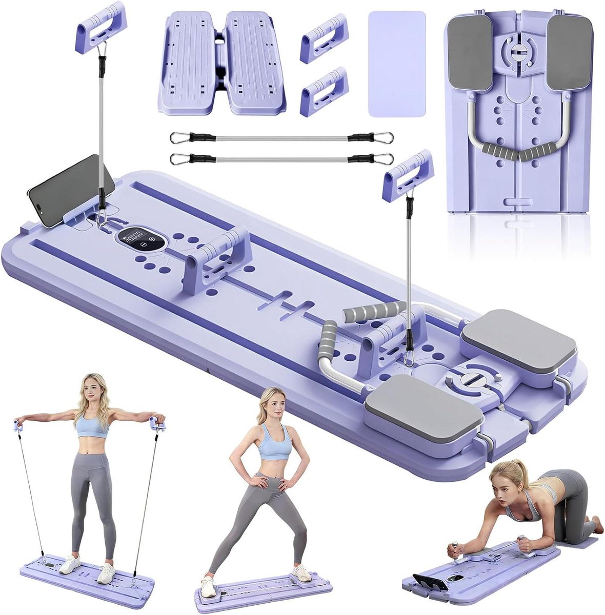 Pilates Reformer - Pilates Board - Full Body Training - Automatische Terugslag - 56 x 425 x 13 cm - Paars