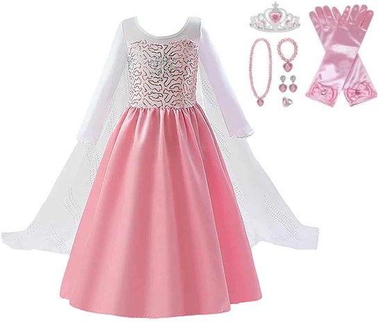 Roze prinsessenjurk met witte lange mouwen en cape. Inclusief tiara, ketting, armband, oorbellen en roze handschoenen.