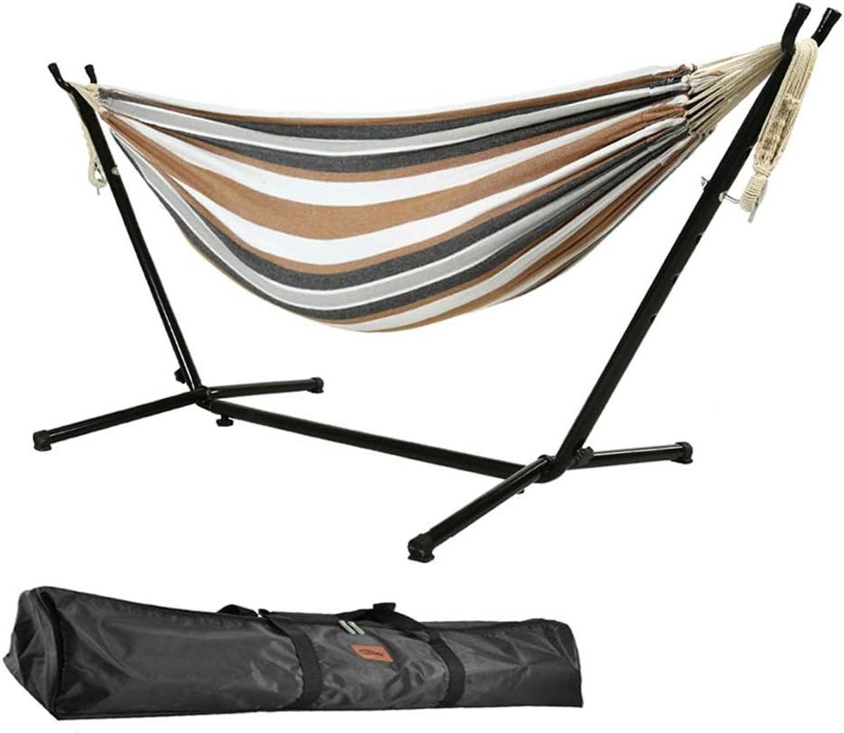 Hangmat met Standaard - Dubbele Hangmat - Ontspannen Buiten - Verstelbare Haken - 275 cm - Bruin en Wit