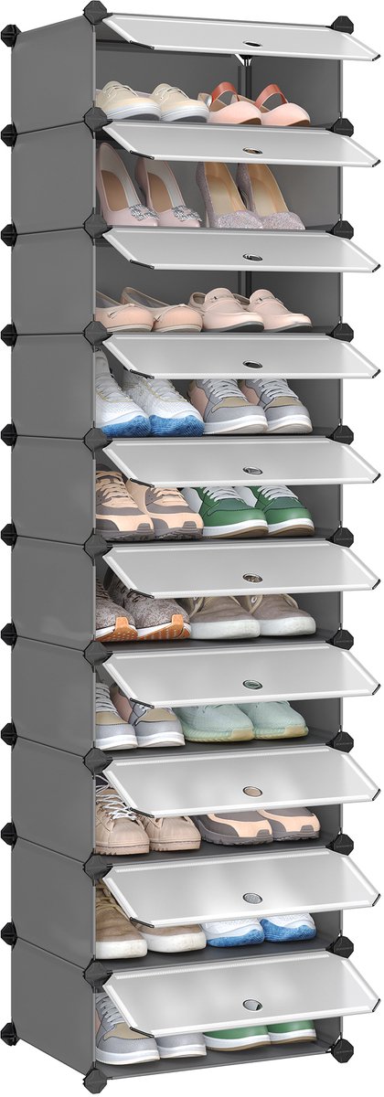 SONGMICS - Schoenenkast - Schoenenrek - Met 10 Lagen - DIY Modulair Rek - Deur - Gemaakt van PP-Kunststof