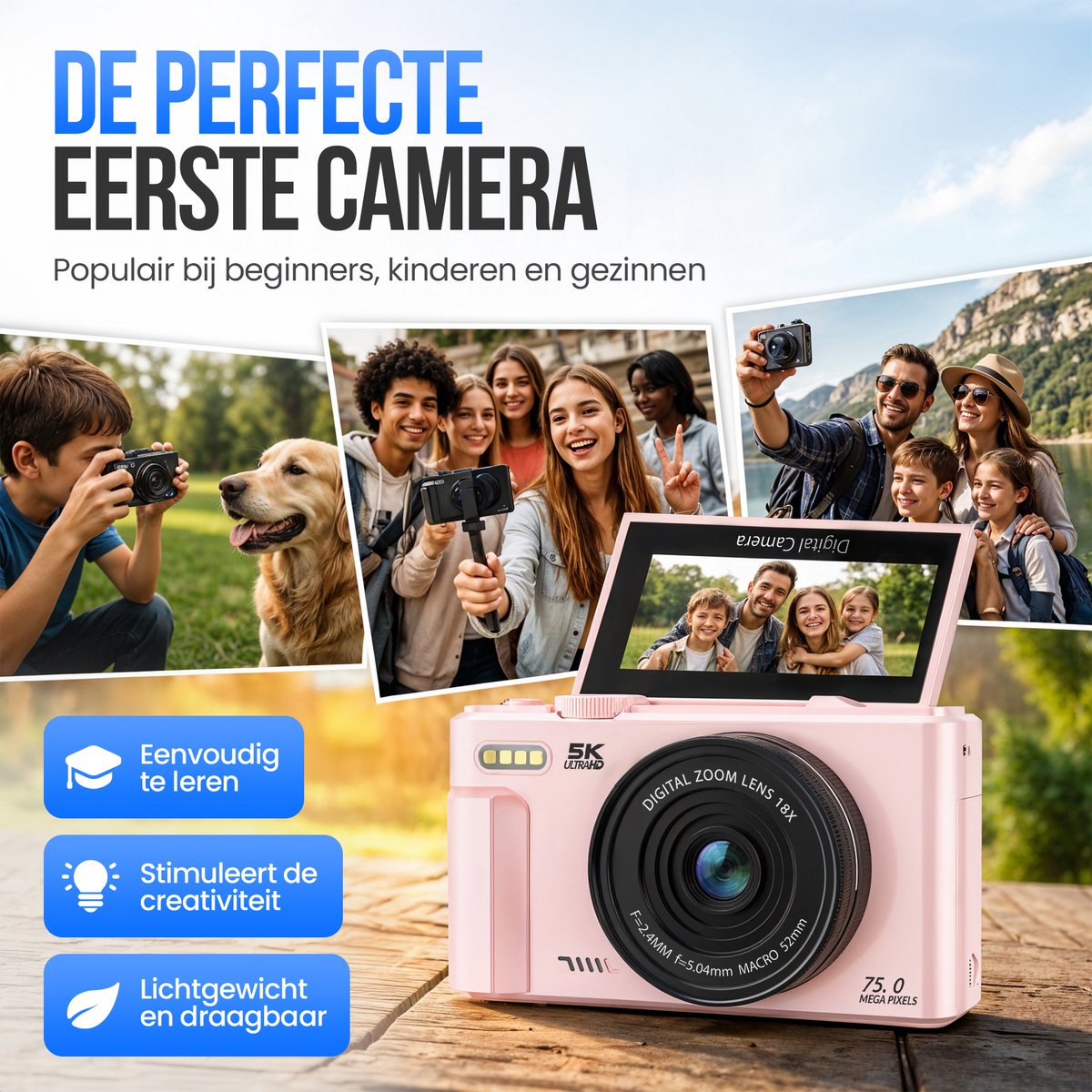 Strex Digitale Camera 5K 75MP - Fototoestel - 18x Zoom - Roze thumbnail 3