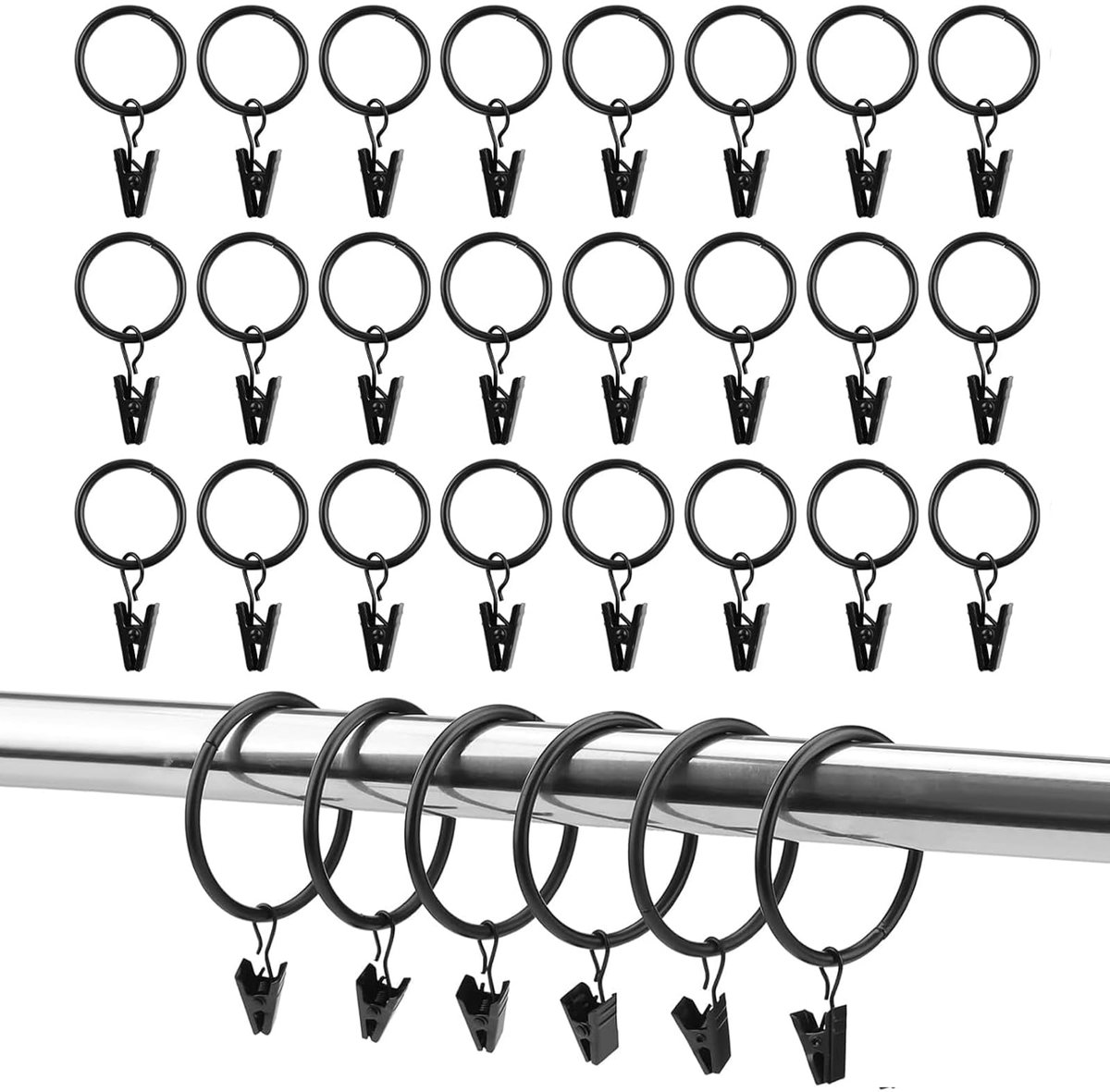 gordijnringen met clips, 32 mm binnendiameter gordijnringen, zwarte gordijnringen met clips voor stang, raam, deur, douchegordijn, waslijn (50)