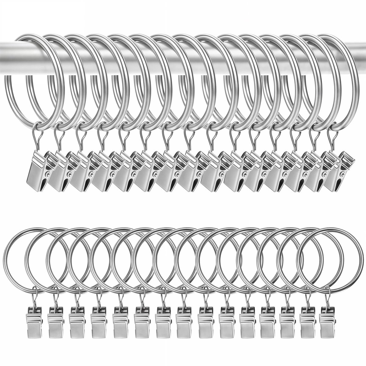 30 stuks gordijnringen van metaal, gordijnringen met haken voor gordijnroede, gordijnhaken clips voor douchegordijnen, 32 mm binnendiameter (zilver)