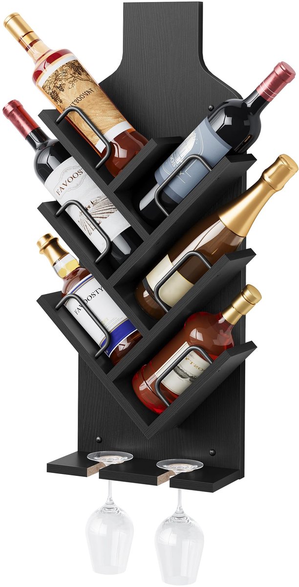 Wijnrek voor 6 wijnflessen, wandrekken voor het presenteren en bewaren van wijnflessen met glazenhouders, houten wijnrek voor woonkamer, eetkamer, bar, zwart