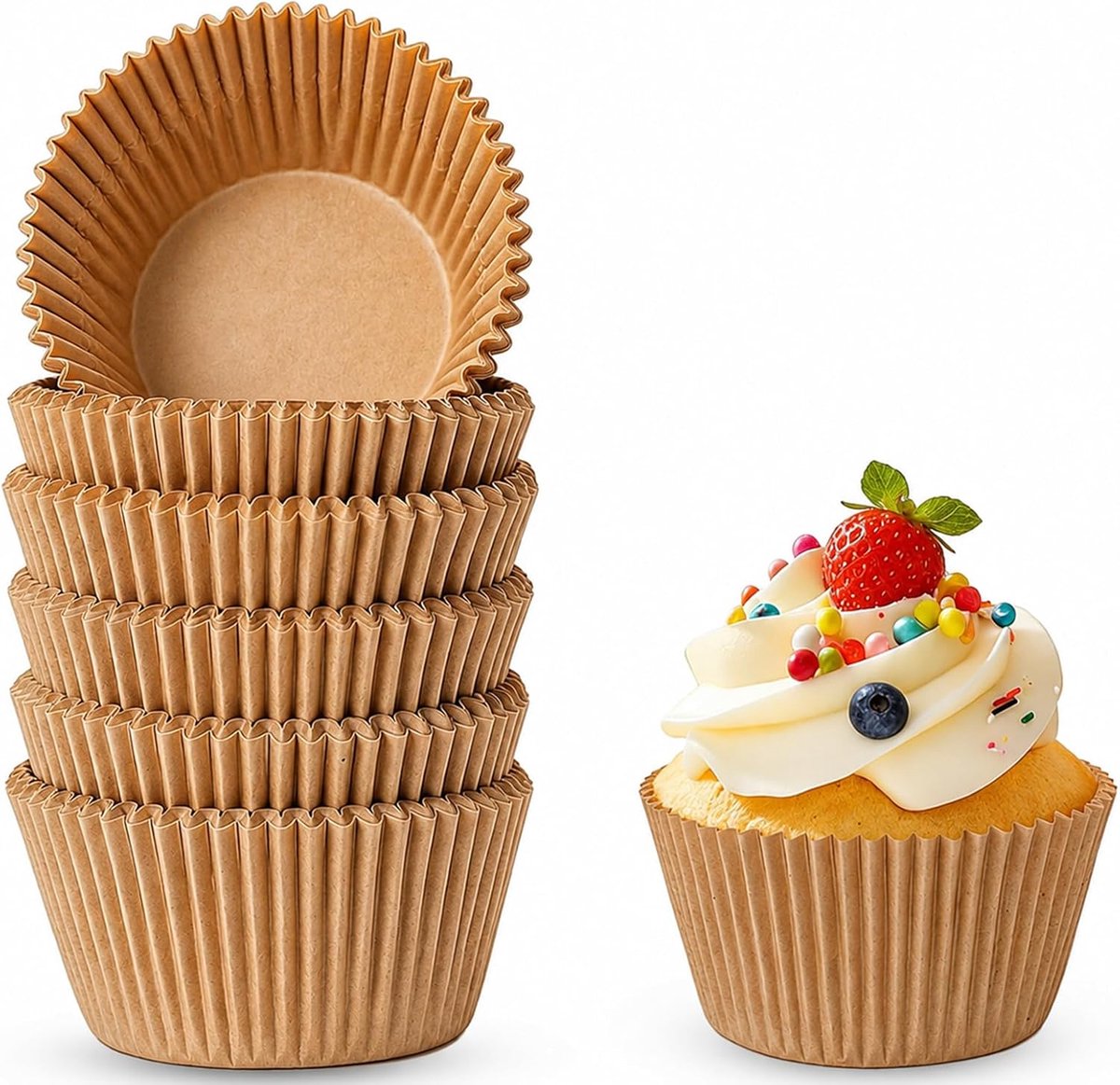 100 Stuks Papieren Muffinvormpjes, Cupcakevormpjes, 5 cm Diameter aan de Onderkant x 7 cm Breed x 3,2 cm Hoog - Geschikt voor Bakken, Desserts, Verjaardagen, Feesten, Bruiloften (Bruin)