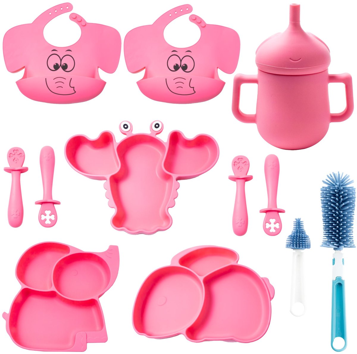 babyservies, bord met zuignap, lekvrije leerbeker, BLW-leerlepel, verstelbare siliconen slabbetjes, flessenborstels, 12 stuks, dierendesign