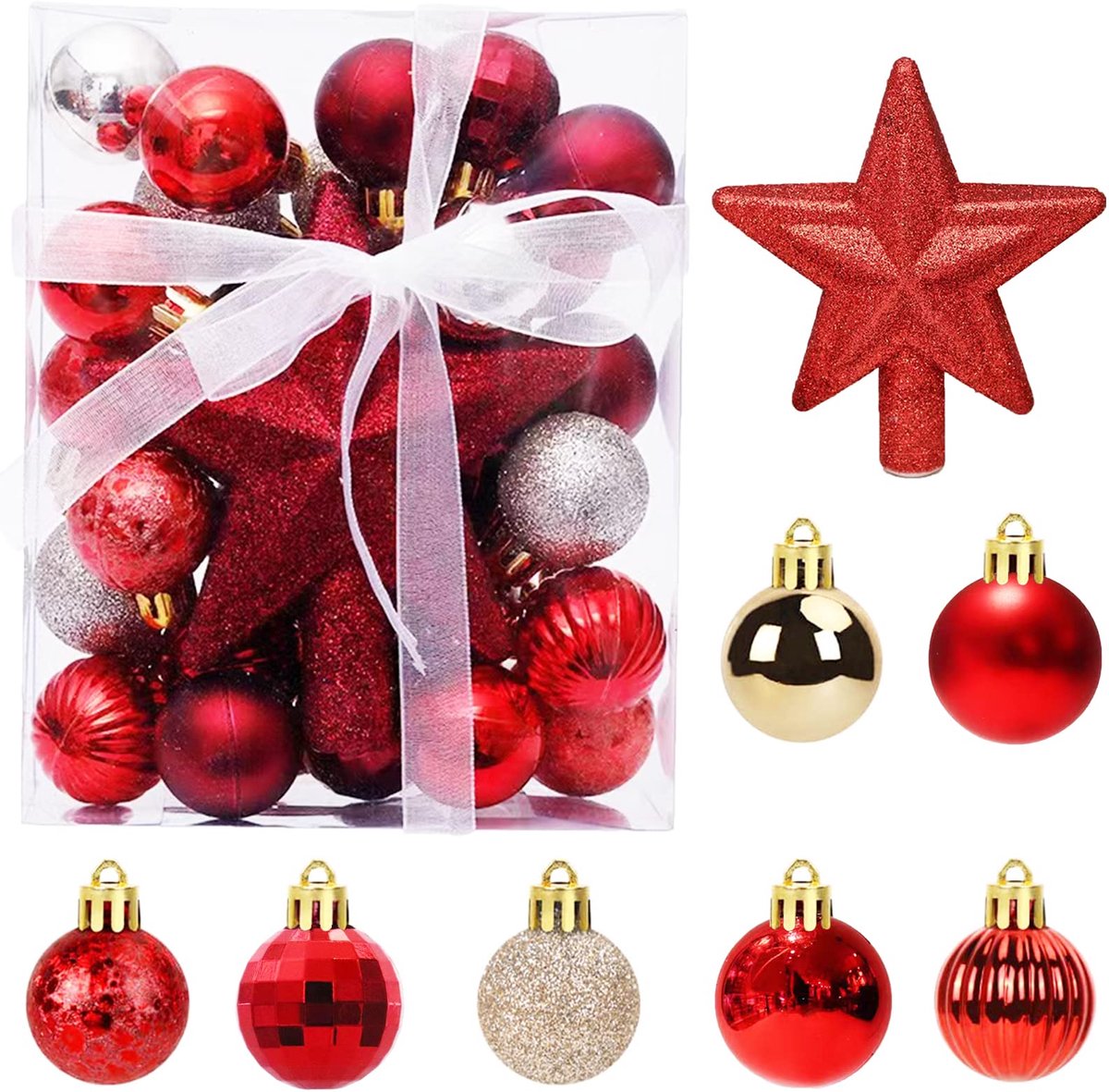 Kerstballen met hanger, 3 cm kleine kerstballen rode en gouden kerstballen mini kerstboom tafelblad kerstboomversieringen set