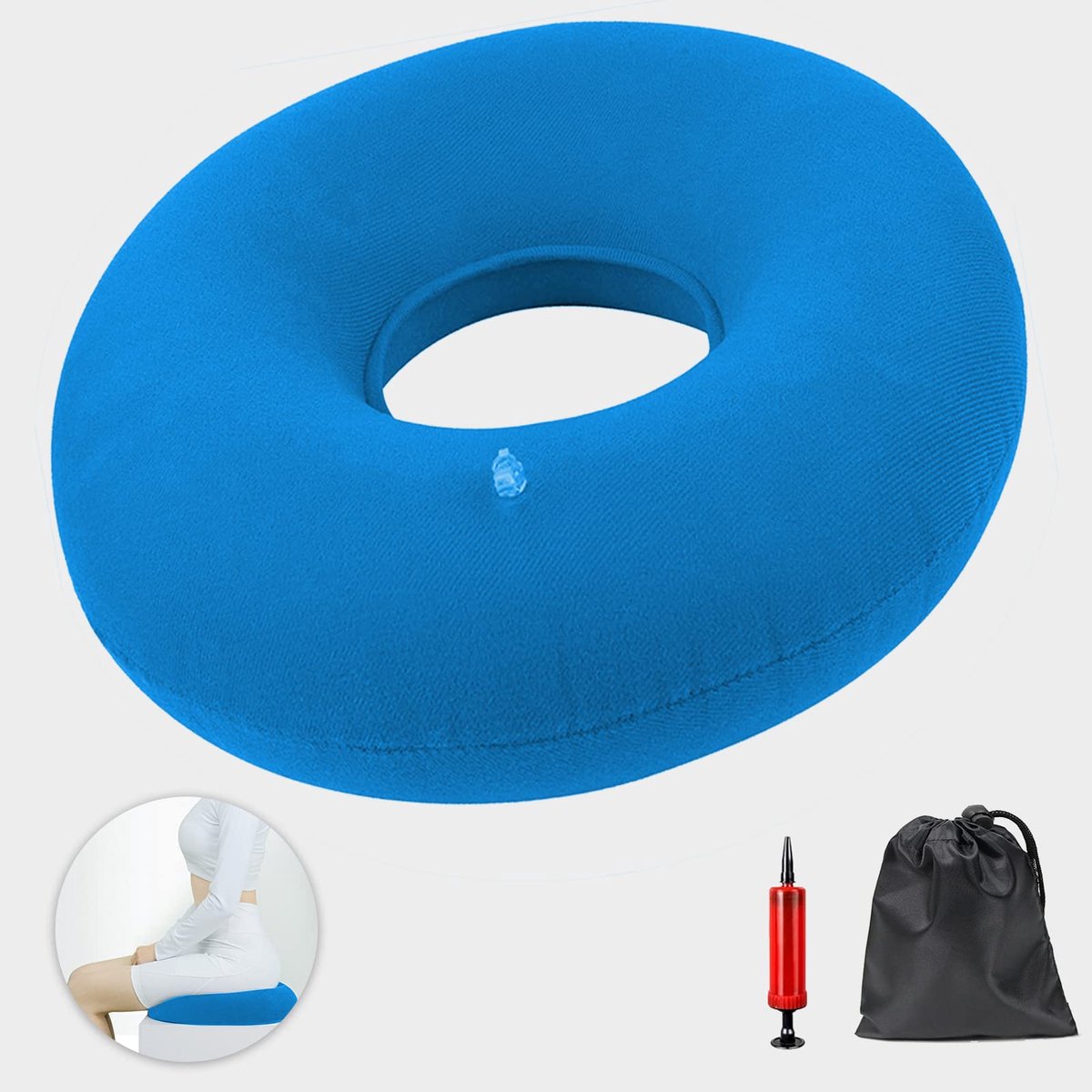 Zitkussen, opblaasbaar zitkussen, orthopedisch rond kussen, zachte zitring met pomp bij ontstekingen, aambeien, stuitbeenpijn, cysten, zwangerschap, geboorte (blauw)
