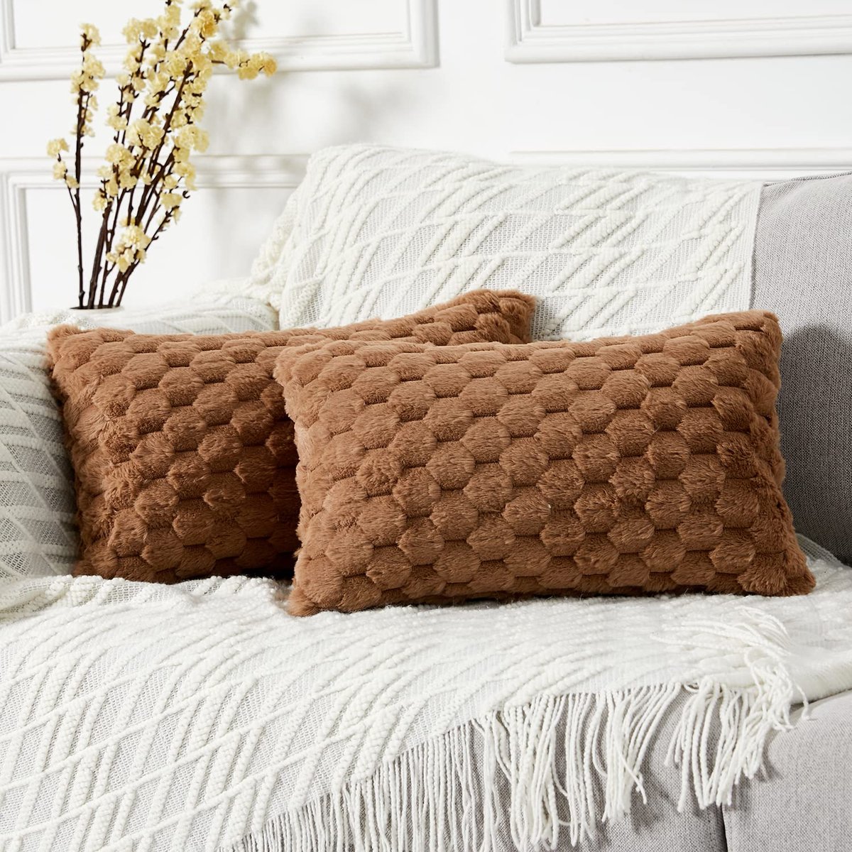 Set van 2 kussenslopen, 30 x 50 cm, decoratieve kussenslopen van kunstwol, comfortabel, modern, luxe, voor kamer, kantoor, stoel, bed, woonkamer, bruin
